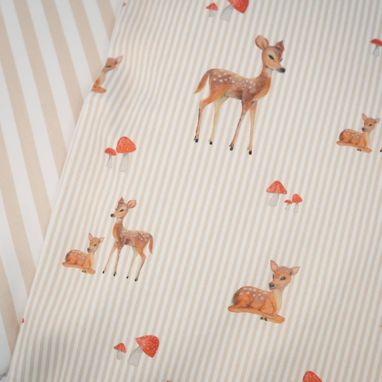 Beige babysengetøj med bambi-motiv i bomuldssatin, betræk og pudebetræk