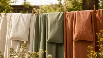 Tre sengetøjssæt i percale, satin og hør på en solbeskinnet tørresnor