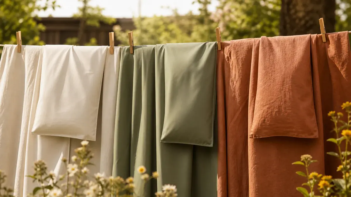 Tre sengetøjssæt i percale, satin og hør på en solbeskinnet tørresnor
